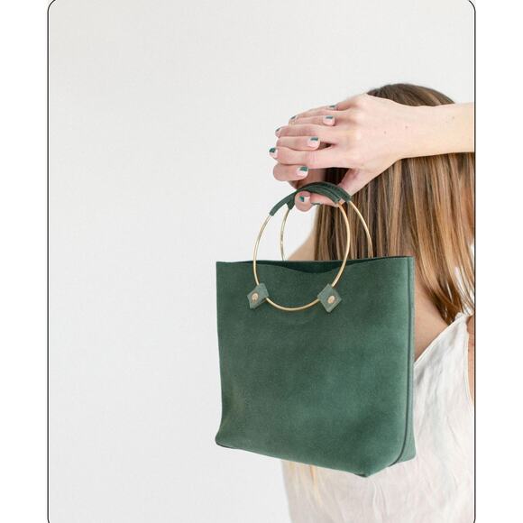Handbag with top handles and Crossbody Strap, Green Suede by Tribe Alive - Picture 1 of 7